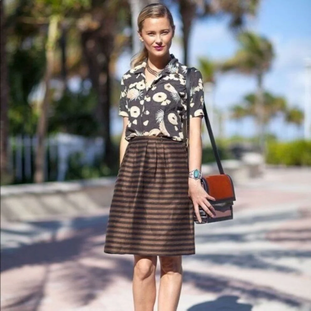 MADEWELL Linen & Silk Blend Striped Pleated Skirt Brown & Black Stripe Size 0 - Picture 6 of 13